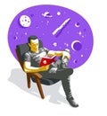 Young man reading fantastic book about space travel vector illustration isolated, fiction literature about fantastic cosmos