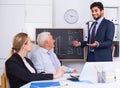 Young man is reading financial report to colleagues on meeting Royalty Free Stock Photo