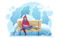 Young man reading in winter cold park flat vector illustration. Smart student studying, bookworm cartoon character. Boy