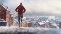 Young man in red jacket jogging in a snowy city on a sunny winter day, in a nice residential area. Generative AI