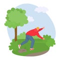 Young man in red jacket tripping over rock in park. Accident during walk, unexpected stumble, outdoor mishap vector