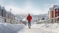 Young man in red jacket walking along a snowy city street on a sunny winter day. Person jogging outdoors. Generative AI