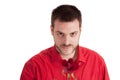 Young man in red shirt giving red rose Royalty Free Stock Photo