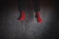 Young man in red socks jumping high in the air Royalty Free Stock Photo