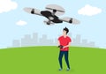 A young man in a red T-shirt controls a quadrocopter or drone. Vector illustration