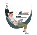 Young man relaxing in a hammock with a laptop, enjoying work from home, casual clothing. Freelancer balancing work and