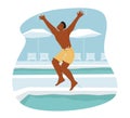 Young Man Relaxing at Poolside in Hotel or Yacht . Summertime Vacation, Happy Male Character Resting, Jumping to Water