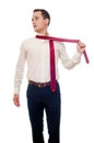 Young man removes a suit isolated on white. Businessman or student untie a tie. Groom after weeding. Office worker after work.
