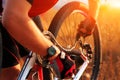 Young man repairing mountain bike in the forest Royalty Free Stock Photo