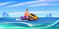 Young man ride aquabike, jet ski in sea