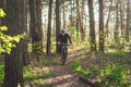 Young man ride mountain bike in forest. Young athletic man riding a bicycle in park. Male cyclist wearing face respirator, with Royalty Free Stock Photo