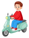 a young man ride a new motorbike, smiling and wearing a red shirt