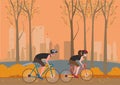 Young man riding a bicycle Exercise in the park in the fall with the leaves falling to the ground. flat vector cartoon Royalty Free Stock Photo