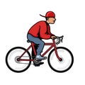 Young man riding bike. Hand drawn vector illustration isolated on white background