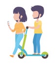 Young man riding elecric scooter and woman with smartphone healthy lifestyle