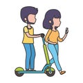 Young man riding elecric scooter and woman with smartphone outdoors healthy lifestyle