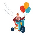 Young man riding an electric bike with balloons in hand, smiling. Casual outdoor activity and celebration mood vector