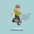 Young man riding electric gyroscooter. Cubes composition isometric illustration of modern device gyro scooter. Guy with cup