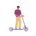 Young man riding electric scooter. Smiling guy rider driving eco transport Royalty Free Stock Photo