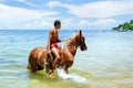 Young man riding horse on the beach on Taveuni Island, Fiji