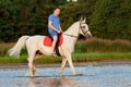 Young man riding a horse at sunset on the beach. Man with a horse in the rays of the sun by the sea. Royalty Free Stock Photo