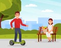 Young man riding hoverboard. Personal urban city transportation. Eco friendly alternative vehicles flat vector Royalty Free Stock Photo