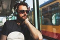 Young man riding in public transport Royalty Free Stock Photo