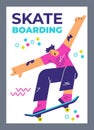 Young man riding on skateboard, poster template with text - flat vector illustration. Royalty Free Stock Photo