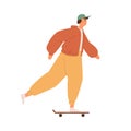 Young man riding skateboard, pushing with foot. Cool skater guy on skate board. Modern skateboarder moving forward. Flat