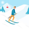 Young man riding on skis design vector flat isolated illustration