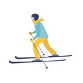 Young man riding on skis masked , winter. Flat vector illustration in cartoon style