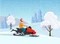 Young man riding Snowmobile isolated. Winter forest landscape. Royalty Free Stock Photo