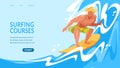 Young Man Riding Surf Board by Ocean Waves Banner