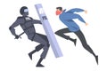 Young Man Rioter with Covered Face Fighting with Armed Policeman Defending with Shield Vector Illustration