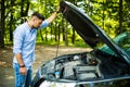 Young man on the road having problem with a car. Broken down car on the road. Traveling problem in road Royalty Free Stock Photo