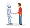 Young man and robot shaking hands. Human and artificial intelligent partnership