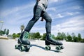 Young man roller skating in a skate park Royalty Free Stock Photo