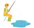 Young Man in Rubber Boots Sitting and Fishing on the River Bank Vector Illustration