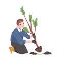 Young Man in Rubber Garden Boots Planting Tree Sapling Vector Illustration