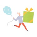 Young Man Running with Huge Present Box and Balloon, Tiny Person Celebrating Birthday or Important Event Cartoon Style Royalty Free Stock Photo