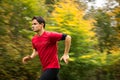 Young man running outdoors in a city park on a fall/autumn day Royalty Free Stock Photo