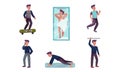 Young Man Running, Taking Shower and Skateboarding Vector Illustration Set Royalty Free Stock Photo