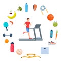 Young man is running on a treadmill. Icons of healthy food, vegetables and sports equipment for different sports around him. Royalty Free Stock Photo