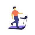 Young man running on treadmill. Sport training, exercise, workout concept. Flat vector graphic