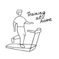 Young man running on treadmill. Sport training at home. Doodle vector graphic