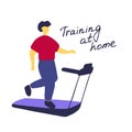 Young man running on treadmill. Sport training at home. Flat vector graphic