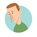 Young man with a runny nose, sickness icon. Vector flat illustration isolated on white.