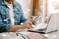 young man's hand with a laptop. A man who works remotely at home. Royalty Free Stock Photo