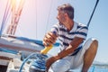 Young man sailing yacht. Holidays, people, travel Royalty Free Stock Photo
