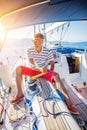 Young man sailing yacht. Holidays, people, travel Royalty Free Stock Photo